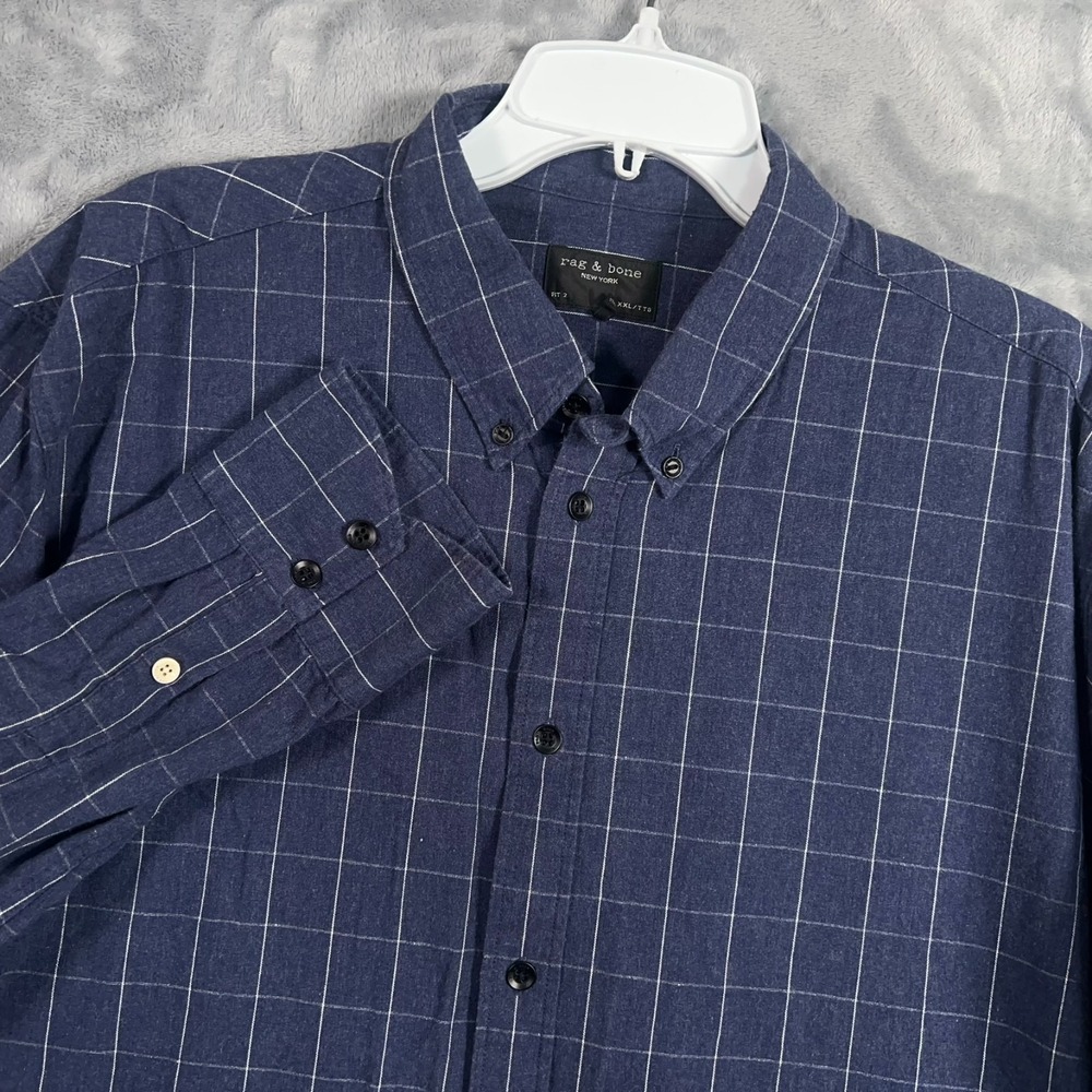 Rag & Bone Button Down Shirt‎ Mens 2XL Slim Fit Blue Check Windowpane Fit 2